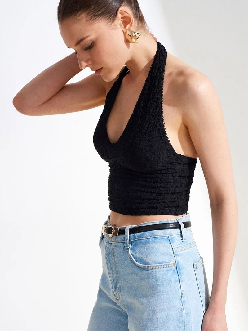 DILVIN Women’s Lace Halterneck Crop Blouse - Image 1