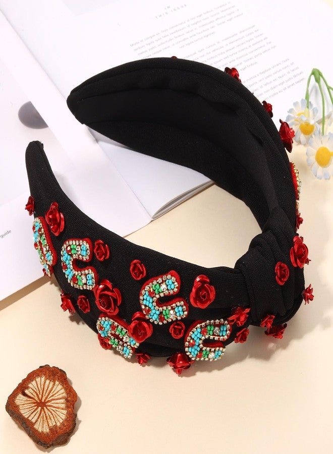 CEALXHENY Derby Headband for Women Horseshoe Headband Rhinestone Jeweled Wide Top Knot Headbands Kentucky Derby Hair Accessories Outfits Party Favors (Derby I-Black 1) - Image 2