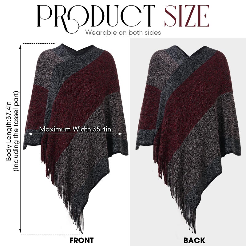 Cutecrop Women's Striped Poncho Tops with Fringe, Soft Knitted Shawl Wraps Elegant Sweater Open Front for Fall Winter(Wine Red) - Image 2