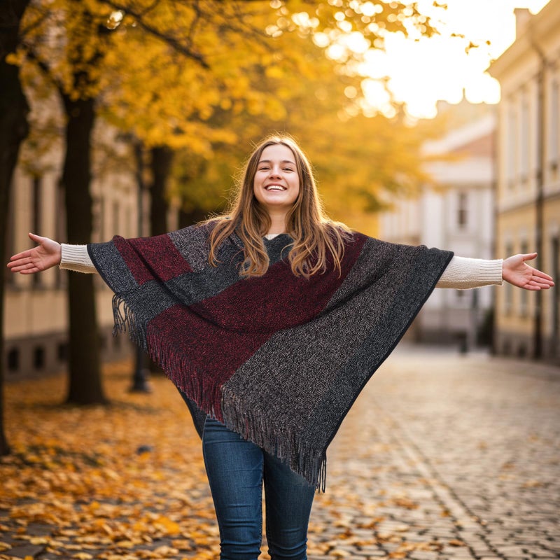 Cutecrop Women's Striped Poncho Tops with Fringe, Soft Knitted Shawl Wraps Elegant Sweater Open Front for Fall Winter(Wine Red) - Image 4