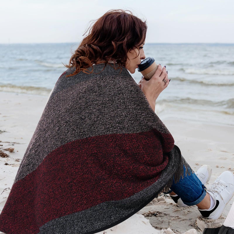 Cutecrop Women's Striped Poncho Tops with Fringe, Soft Knitted Shawl Wraps Elegant Sweater Open Front for Fall Winter(Wine Red) - Image 5