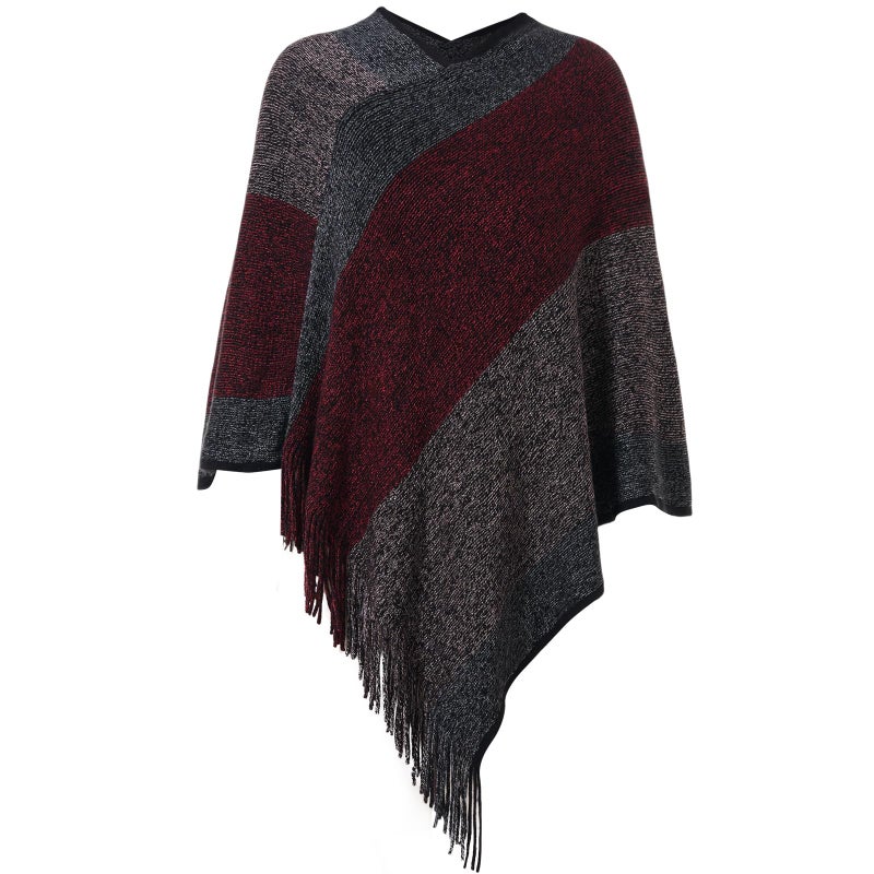 Cutecrop Women's Striped Poncho Tops with Fringe, Soft Knitted Shawl Wraps Elegant Sweater Open Front for Fall Winter(Wine Red) - Image 1