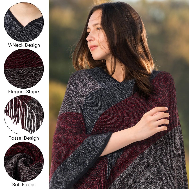 Cutecrop Women's Striped Poncho Tops with Fringe, Soft Knitted Shawl Wraps Elegant Sweater Open Front for Fall Winter(Wine Red) - Image 3
