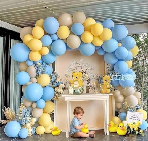 Partycus Blue Yellow Balloon Arch Kit Double Stuffed Light Yellow Pastel Blue White Sand Matte Balloon Garland for Baby Shower Bear Birthday Bridal to Bee Party Decoration - Image 5