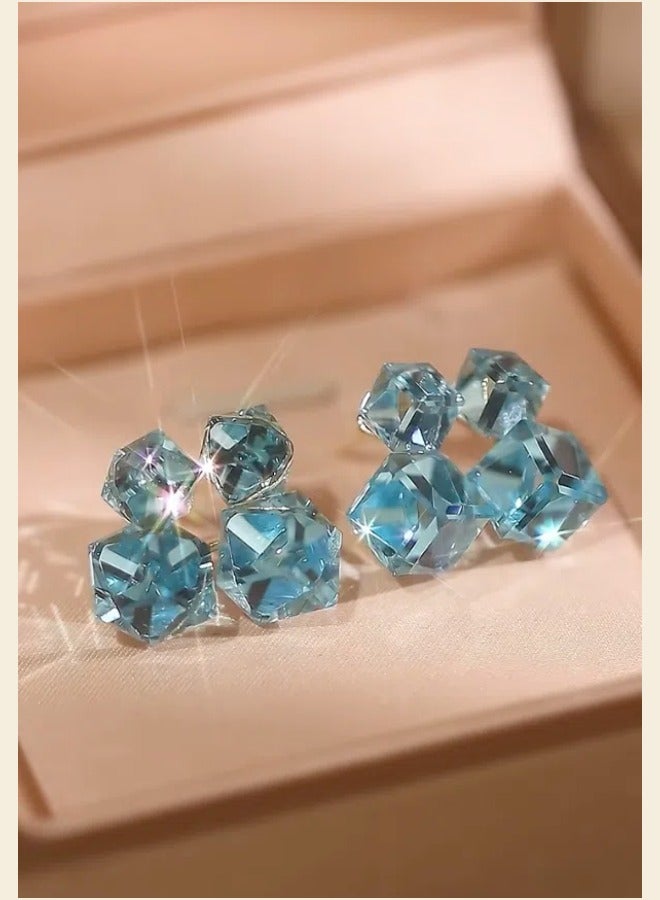 Blue Crystal Glass Earrings Evening Gown Accessories High End Luxury Jewelry 925 Silver Needle  - Image 1