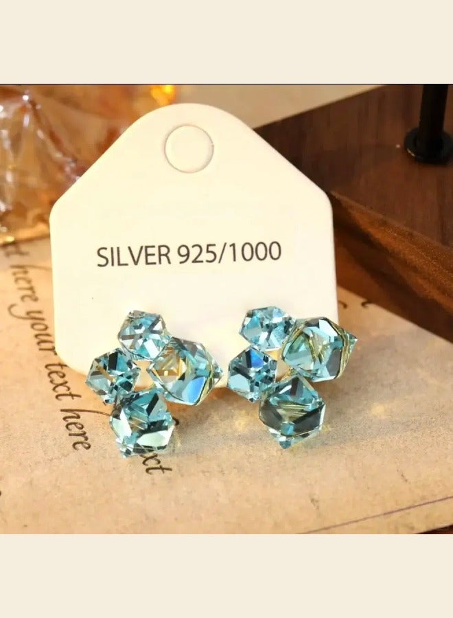 Blue Crystal Glass Earrings Evening Gown Accessories High End Luxury Jewelry 925 Silver Needle  - Image 5