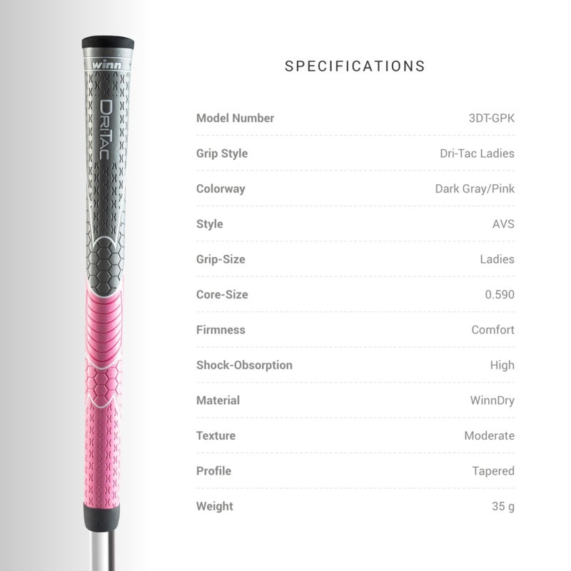 WINN DRI-TAC LADIES Golf Grip - Non-Slip & Cushioned Comfort - Moisture-Wicking & Shock Absorption - AVS Technology - Hand Alignment & Lighter Grip Pressure - Tacky in All Weather - Ideal for Female Golfers - Image 3