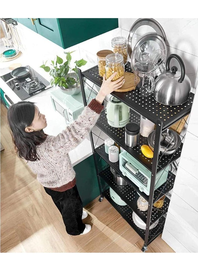 DubaiGallery عربة تنظيم أرفف المطبخ ذات 5 طبقات مع عجلات، عربة تخزين المطبخ القابلة للطي، عربة معدنية دوارة، لا تتطلب التركيب، لون أسود - Image 3
