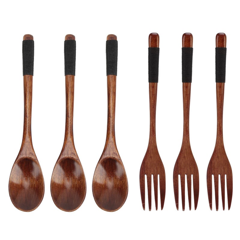 Wooden Japanese Style 6 Piece Fork and Spoon Set With Rope Handle - Image 2