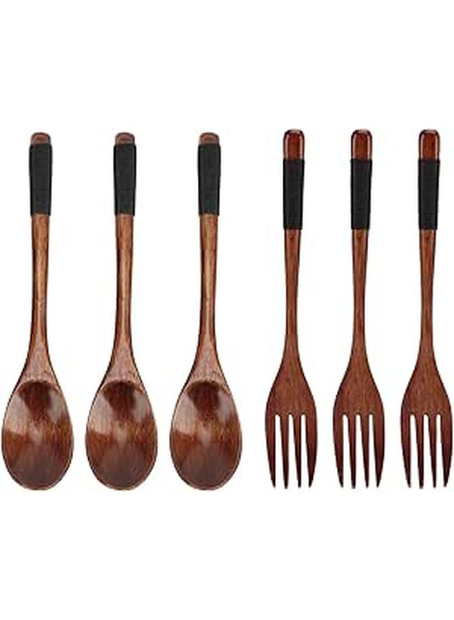 Wooden Japanese Style 6 Piece Fork and Spoon Set With Rope Handle - Image 1