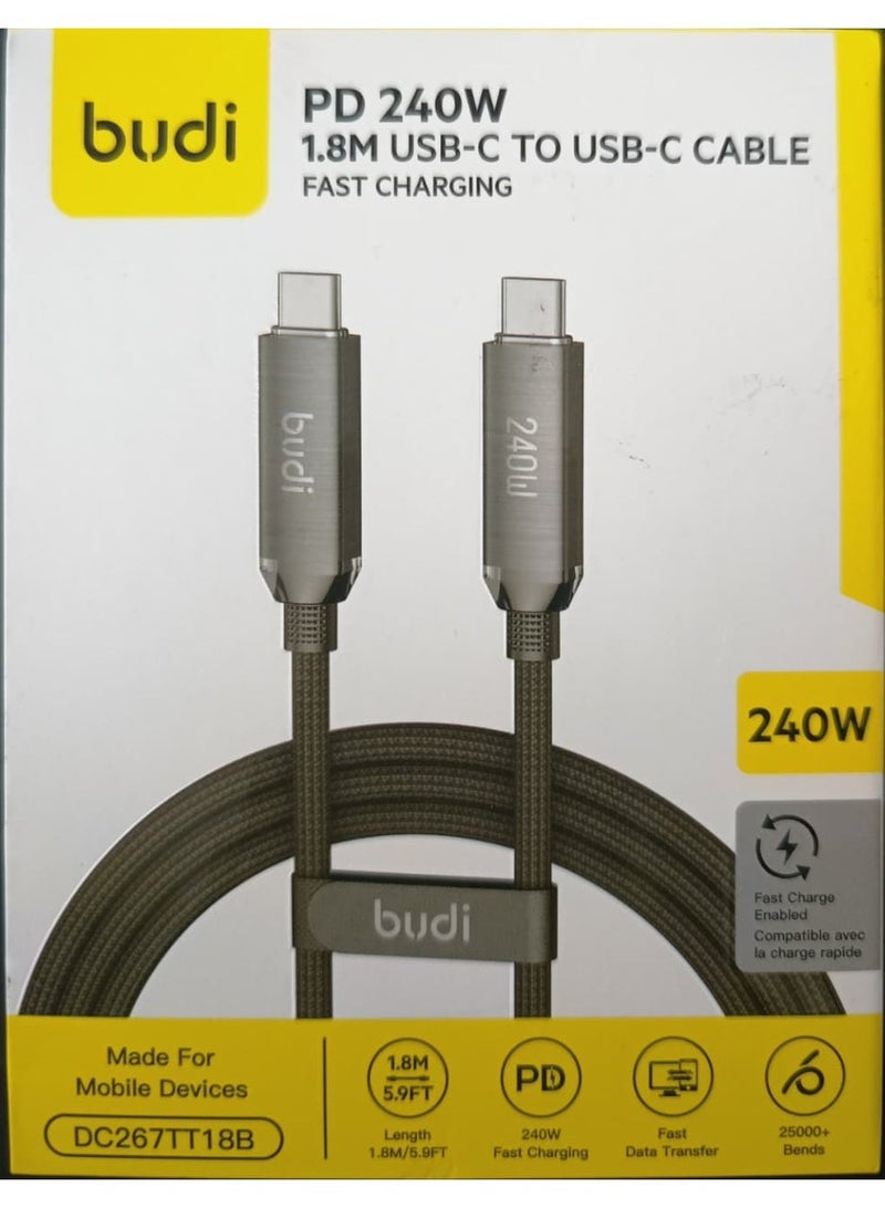 budi 240 W Type-C Cable USB-C Fast Charging Cable, Braided and Durable, High-Quality Type-C to Type-C Cable Compatible with MacBook Pro M4, M3, Backward Compatible for 100 W, 60 W, 45 W, 30 W, 20 W Output, for iPhone, Galaxy, Xiaomi - Image 1