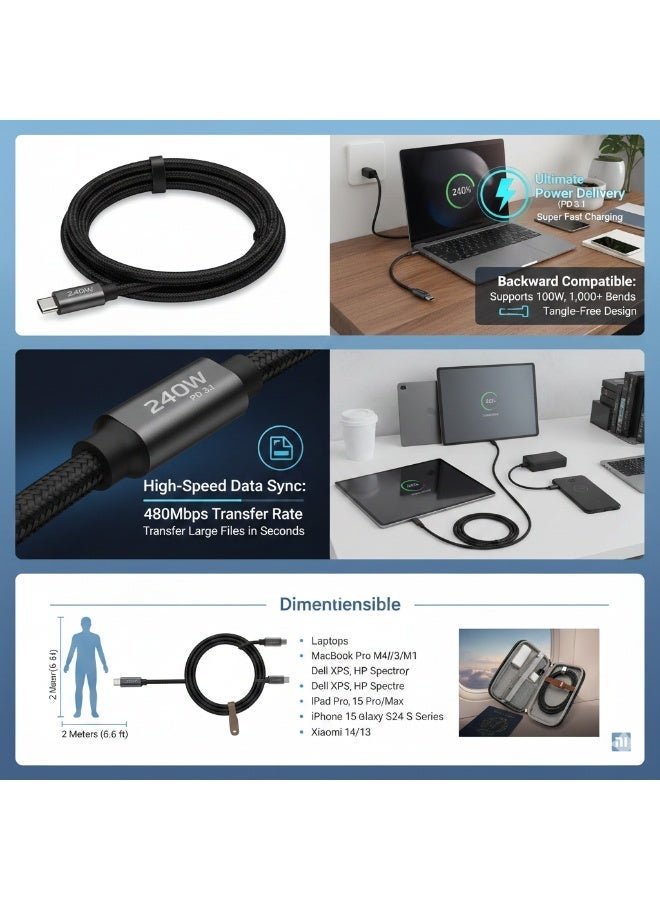 budi 240 W Type-C Cable USB-C Fast Charging Cable, Braided and Durable, High-Quality Type-C to Type-C Cable Compatible with MacBook Pro M4, M3, Backward Compatible for 100 W, 60 W, 45 W, 30 W, 20 W Output, for iPhone, Galaxy, Xiaomi - Image 2