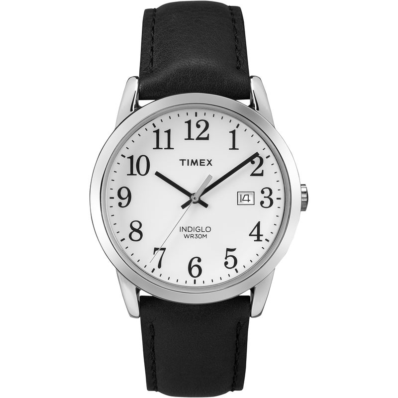 Timex Men's Easy Reader 38mm Watch â€“ Silver-Tone Case White Dial with Black Leather Strap