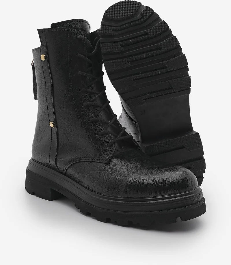 MARJIN Women's Back Zippered Stud Detailed Thick Sole Combat Boots Likesta