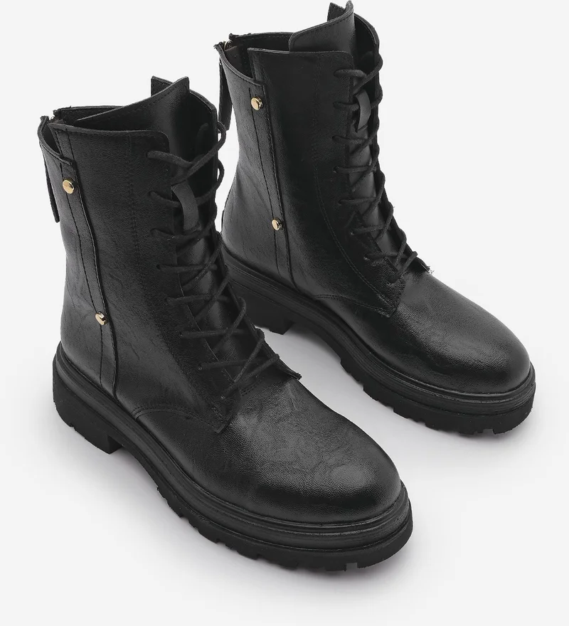 MARJIN Women's Back Zippered Stud Detailed Thick Sole Combat Boots Likesta