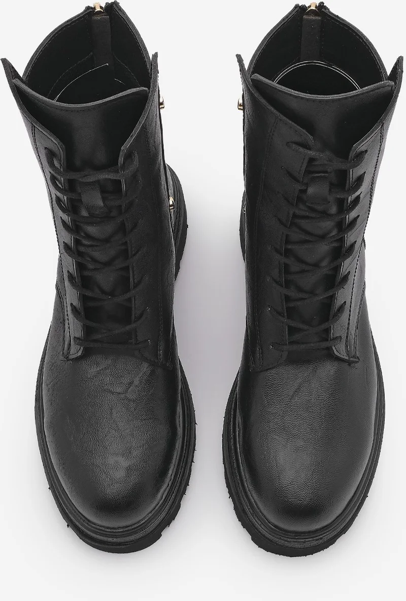 MARJIN Women's Back Zippered Stud Detailed Thick Sole Combat Boots Likesta