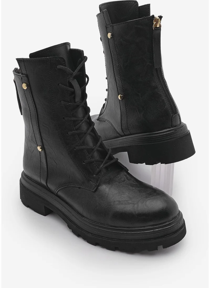 MARJIN Women's Back Zippered Stud Detailed Thick Sole Combat Boots Likesta