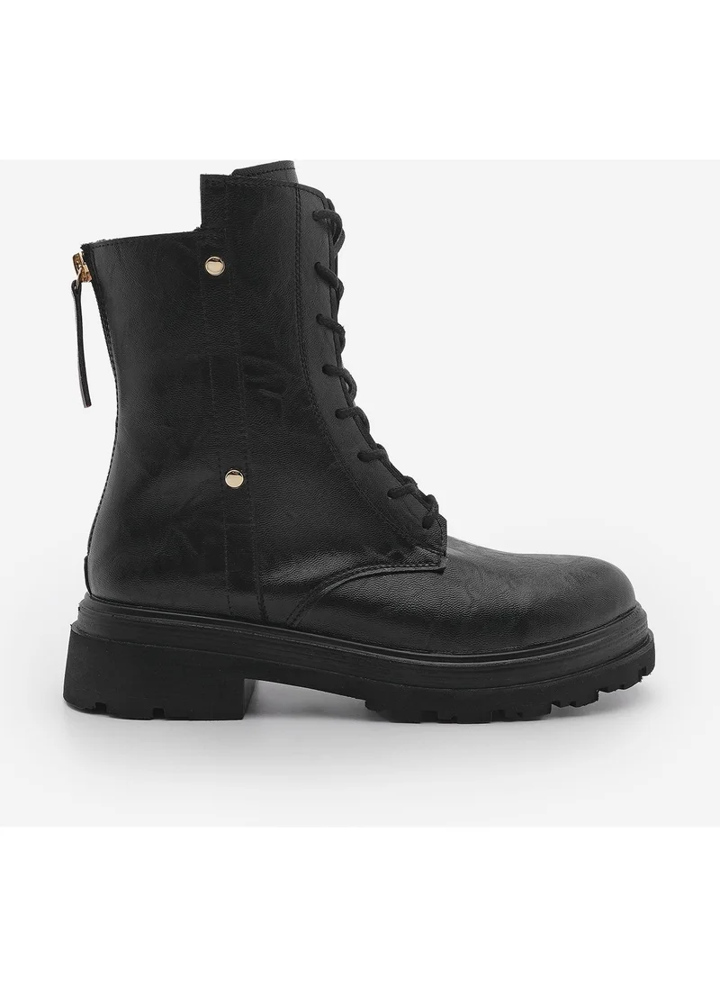 MARJIN Women's Back Zippered Stud Detailed Thick Sole Combat Boots Likesta