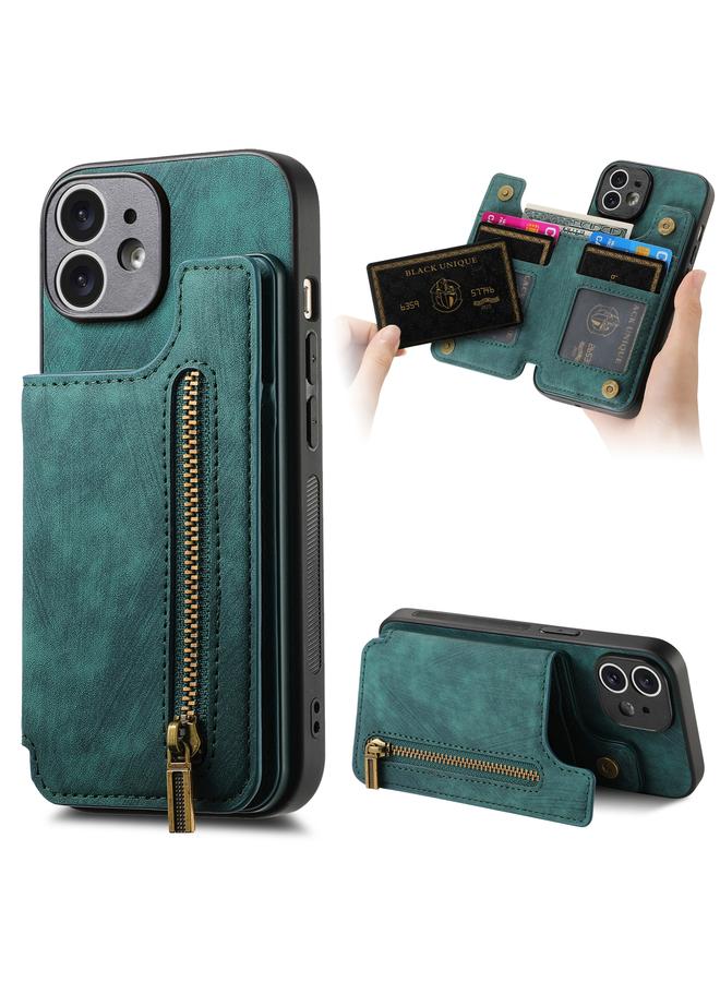 Green Tiger For iPhone 12 Retro Leather Zipper Wallet Back Phone Case(Green)
