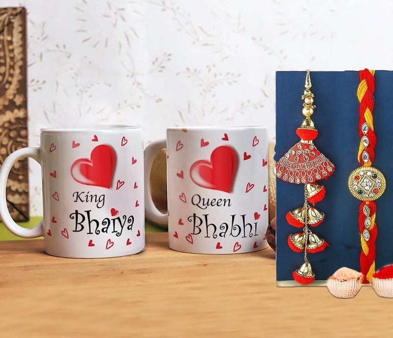 CraftVatika Rakhi with Gift for Brother and bhabhi mDesigner Rakhi Set of 2, Raksha Bandhan Gift for Bhaiya Bhabhi, Mug with Set of 2 Printed Coffee Mug (Kundan - Lumba Set) - Image 1