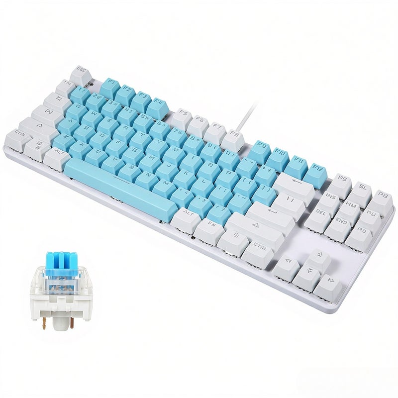 Wired Gaming Keyboard 87 Keys Mixed Light Mechanical Keyboard with Mechanical Blue Switch Suspension Button Blue+White - Image 1