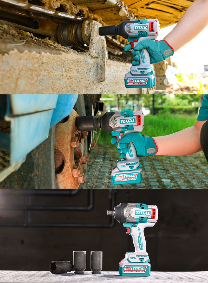 TOTAL 20V Cordless Brushless Impact Wrench, 1050Nm Tightening Torque, 3/4 Inch Square Drive, 3 Speed, with 2x5.0Ah Batteries, Charger, 5 Deep Sockets, Carrying Case - Image 2