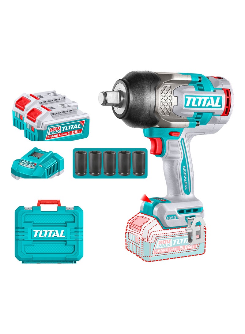 TOTAL 20V Cordless Brushless Impact Wrench, 1050Nm Tightening Torque, 3/4 Inch Square Drive, 3 Speed, with 2x5.0Ah Batteries, Charger, 5 Deep Sockets, Carrying Case - Image 1