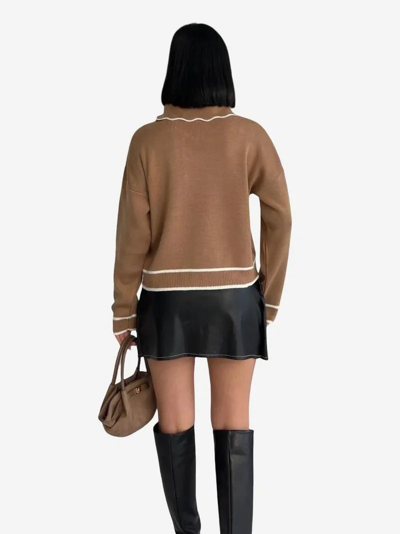 MY FASHION Textured Polo Neck Knit Sweater with Ribbon Detail