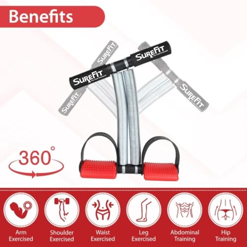SUREFIT 4-in-1 Home Gym Combo | Double Spring Tummy Trimmer, Resistance Toning Tube, Ab Roller & Push-Up Bar | Full Body Fitness Kit for Men & Women | Home Workout Set (RED) - Image 3