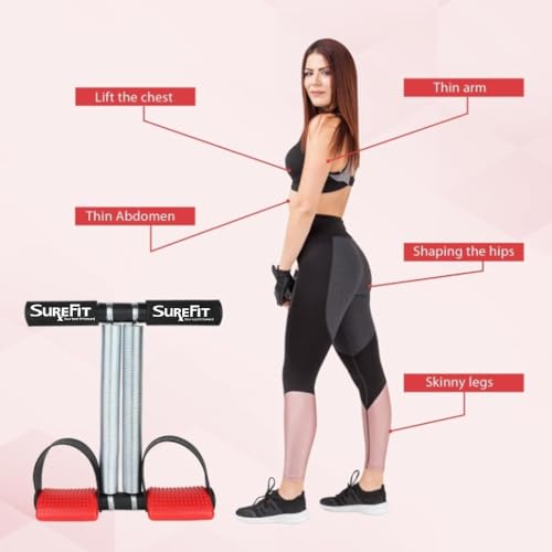 SUREFIT 4-in-1 Home Gym Combo | Double Spring Tummy Trimmer, Resistance Toning Tube, Ab Roller & Push-Up Bar | Full Body Fitness Kit for Men & Women | Home Workout Set (RED) - Image 5