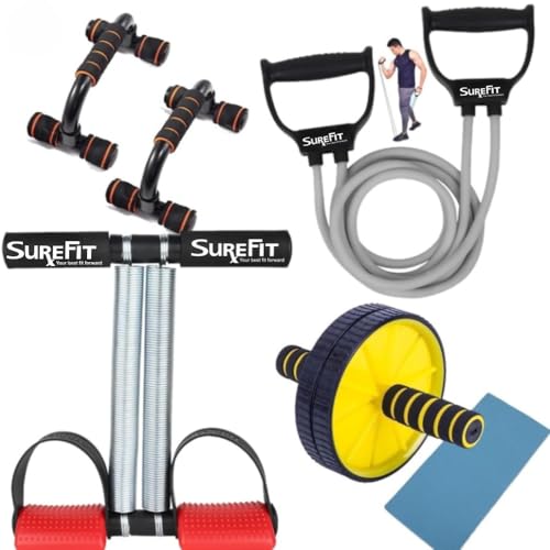SUREFIT 4-in-1 Home Gym Combo | Double Spring Tummy Trimmer, Resistance Toning Tube, Ab Roller & Push-Up Bar | Full Body Fitness Kit for Men & Women | Home Workout Set (RED) - Image 1