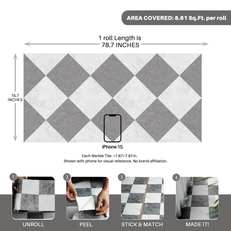 auxua Grey Vinyl Checked Flooring Roll â€“ Small Size (15.7â€ x 6.56ft) for 8.61 sq.ft Coverage, Seamless Grain Match, Hassle-Free Peel & Stick Tile Application, Ideal for Kitchens & Bathrooms - Image 5