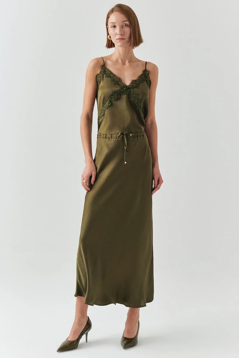 EXQUISE Lace-up Regular Satin Midi Khaki Skirt