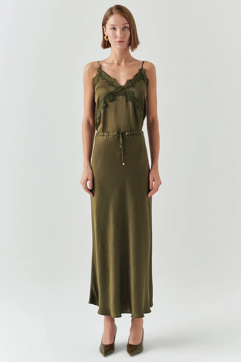EXQUISE Lace-up Regular Satin Midi Khaki Skirt