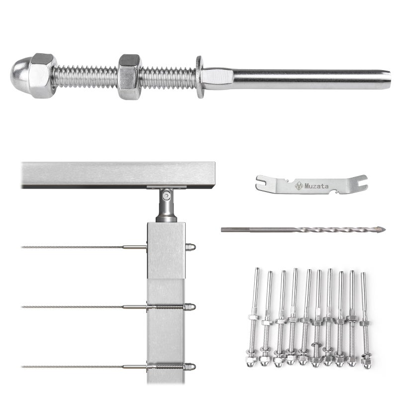 Muzata 10 Pack 1/8" Cable Railing Hardware Kit Hand Swage Threaded Stud Tensioner for 2x2 Metal Post T316 Stainless Steel Deck Cable Railing System CR23 - Image 1