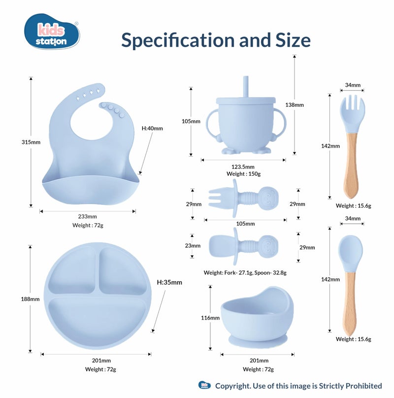 Kids Station 8-Piece Silicone Baby Feeding Set | Suction Bowl, Plate, Bib, Cup, Spoon & Fork | 100% Food Grade BPA-Free Silicone | Non-Slip, Easy to Clean (Pack of 8, Blue) - Image 2