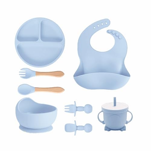 Kids Station 8-Piece Silicone Baby Feeding Set | Suction Bowl, Plate, Bib, Cup, Spoon & Fork | 100% Food Grade BPA-Free Silicone | Non-Slip, Easy to Clean (Pack of 8, Blue) - Image 1