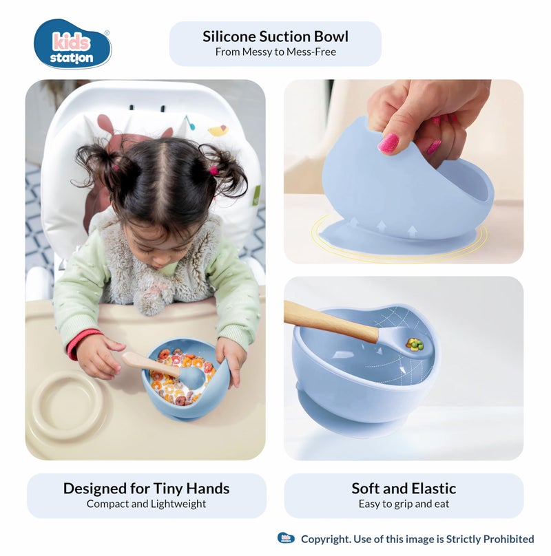 Kids Station 8-Piece Silicone Baby Feeding Set | Suction Bowl, Plate, Bib, Cup, Spoon & Fork | 100% Food Grade BPA-Free Silicone | Non-Slip, Easy to Clean (Pack of 8, Blue) - Image 3