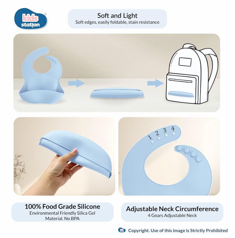 Kids Station 8-Piece Silicone Baby Feeding Set | Suction Bowl, Plate, Bib, Cup, Spoon & Fork | 100% Food Grade BPA-Free Silicone | Non-Slip, Easy to Clean (Pack of 8, Blue) - Image 4