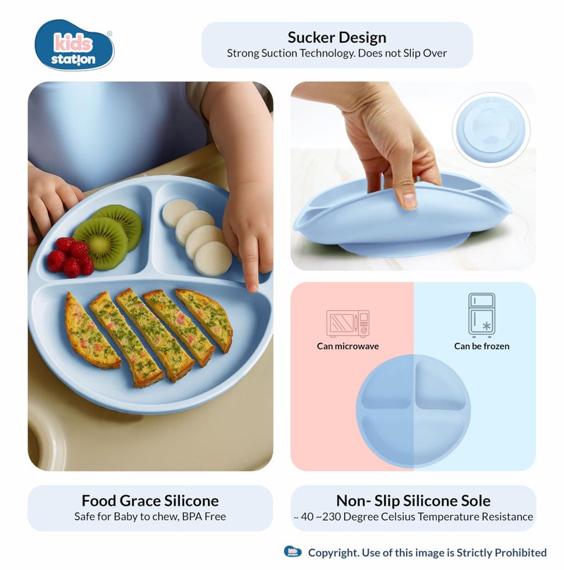 Kids Station 8-Piece Silicone Baby Feeding Set | Suction Bowl, Plate, Bib, Cup, Spoon & Fork | 100% Food Grade BPA-Free Silicone | Non-Slip, Easy to Clean (Pack of 8, Blue) - Image 5