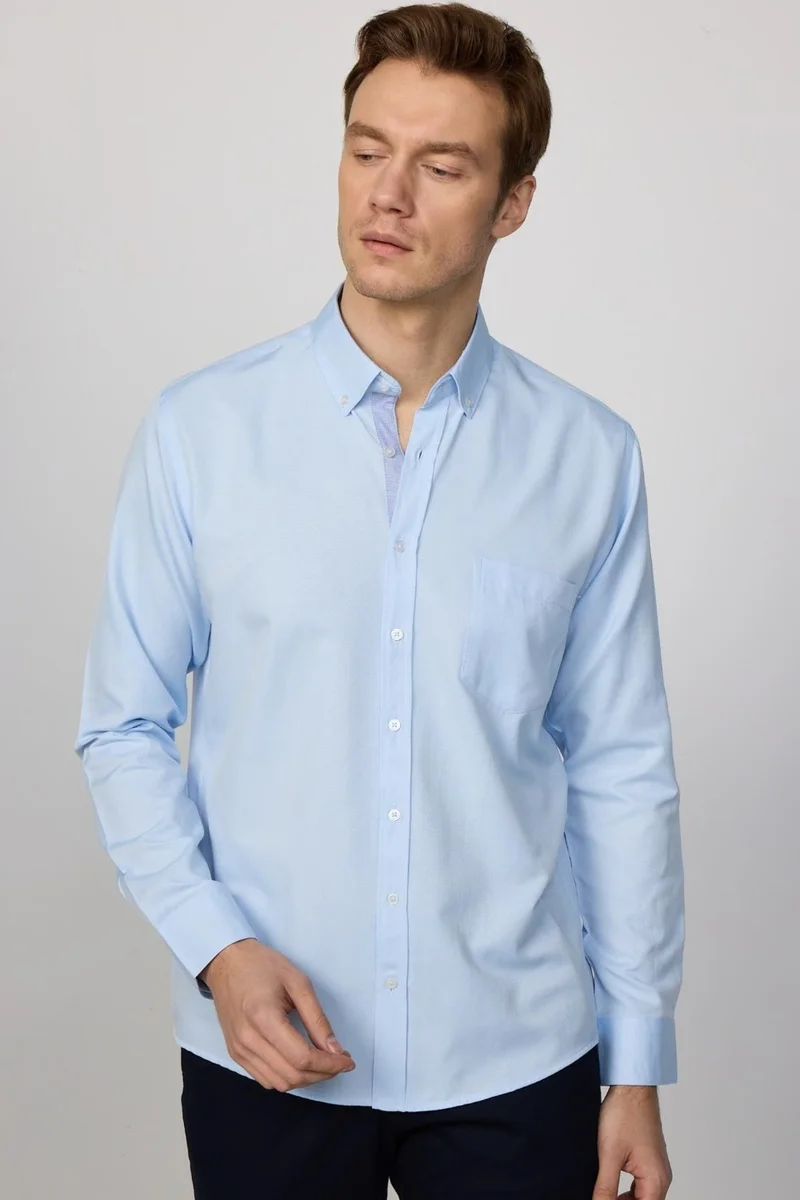 تودورس Classic Fit Button Collar Cotton Easy Iron Oxford Plain Blue Men's Shirt