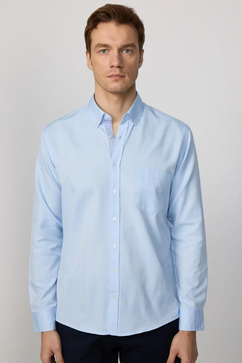 Tudors Classic Fit Button Collar Cotton Easy Iron Oxford Plain Blue Men's Shirt