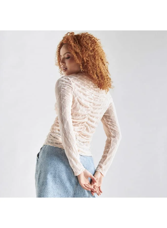 Splash FAV Textured Crew Neck Top with Ruched Detail and Long Sleeves