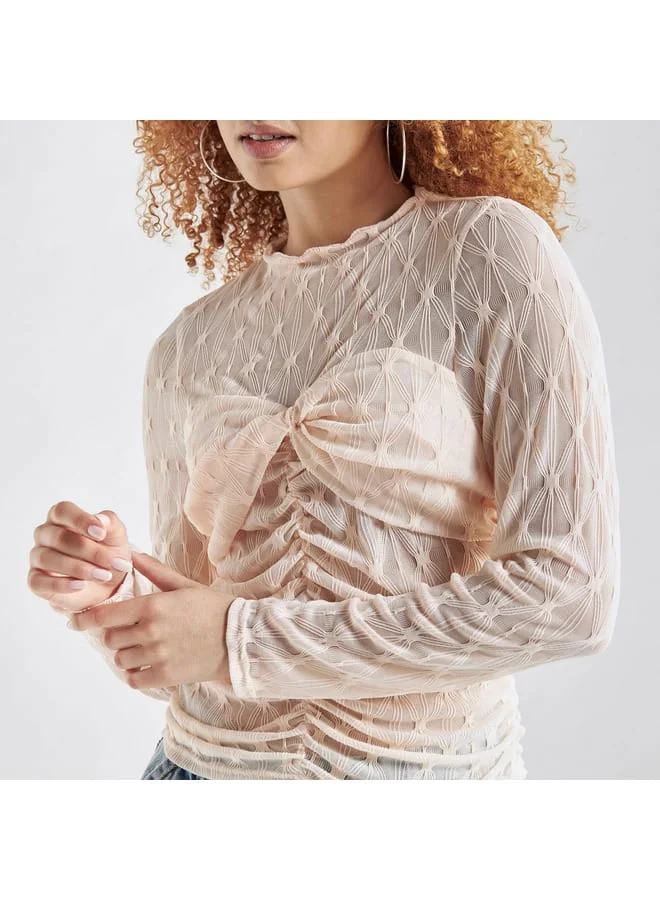 Splash FAV Textured Crew Neck Top with Ruched Detail and Long Sleeves