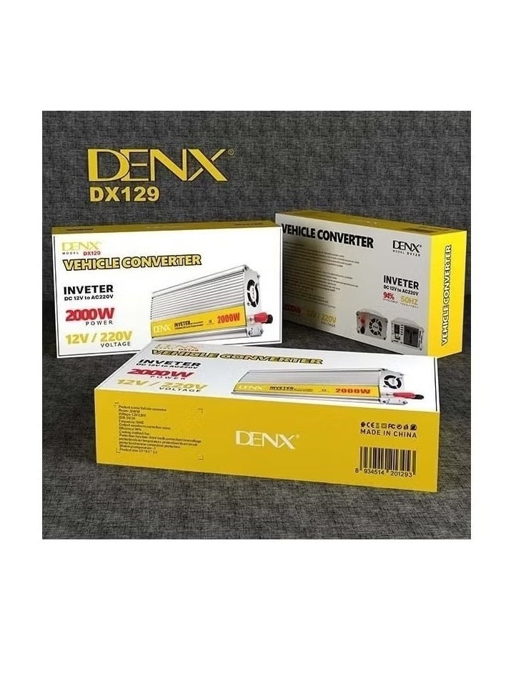 دينكس - محول طاقة DENX DX129 للسيارات بقوة 2000 واط لتحويل التيار من 12 فولت إلى 220 فولت مع منفذ USB وشاحن سريع - Image 1
