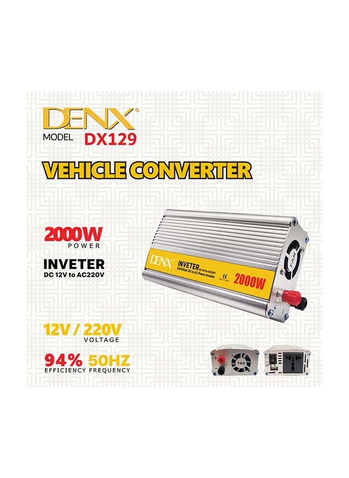 دينكس - محول طاقة DENX DX129 للسيارات بقوة 2000 واط لتحويل التيار من 12 فولت إلى 220 فولت مع منفذ USB وشاحن سريع - Image 1