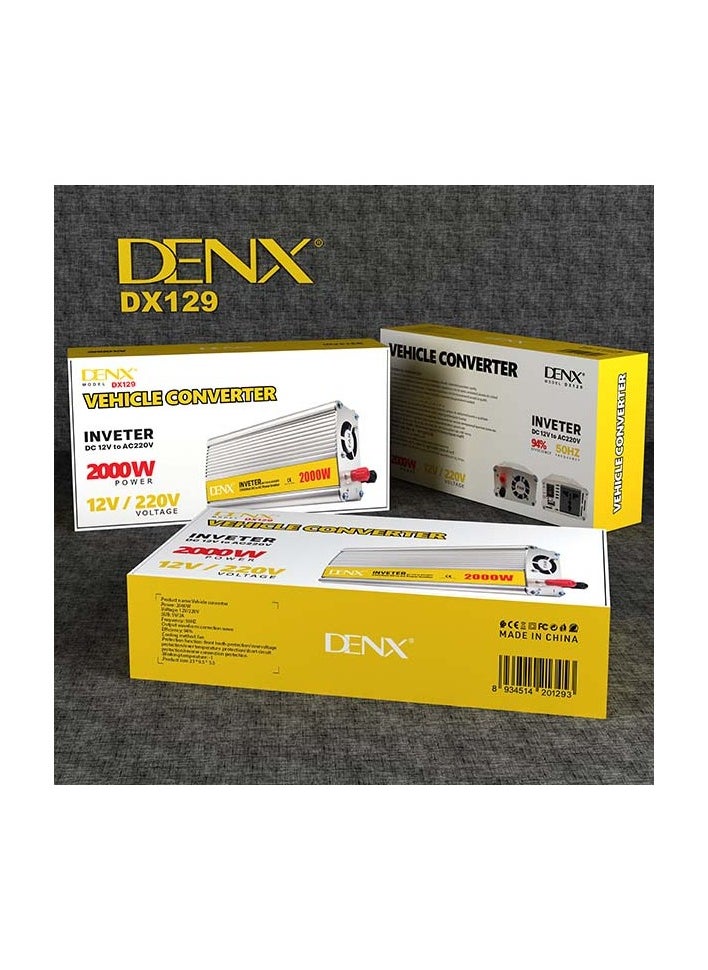 دينكس - محول طاقة DENX DX129 للسيارات بقوة 2000 واط لتحويل التيار من 12 فولت إلى 220 فولت مع منفذ USB وشاحن سريع - Image 1