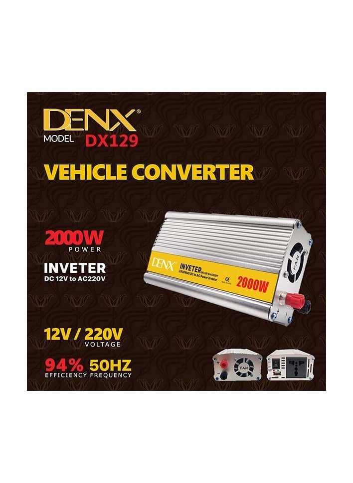 دينكس - محول طاقة DENX DX129 للسيارات بقوة 2000 واط لتحويل التيار من 12 فولت إلى 220 فولت مع منفذ USB وشاحن سريع - Image 1