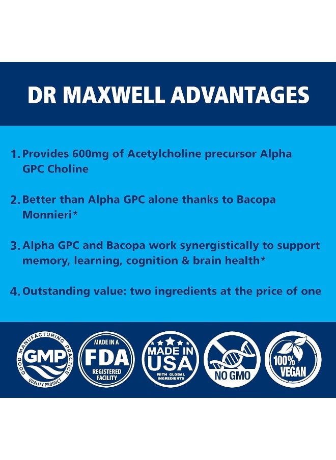 Dr. Maxwell Dr. Maxwell Acetylcholine, Alpha GPC Choline 600mg + Bacopa, Better Than Each Alone. More Reliable Acetylcholine (Supports Memory & Learning) Supplement, 60 Capsules  - Image 3