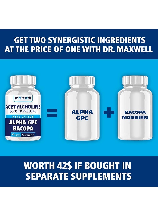 Dr. Maxwell Acetylcholine, Alpha GPC Choline 600mg + Bacopa, Better Than Each Alone. More Reliable Acetylcholine (Supports Memory & Learning) Supplement, 60 Capsules